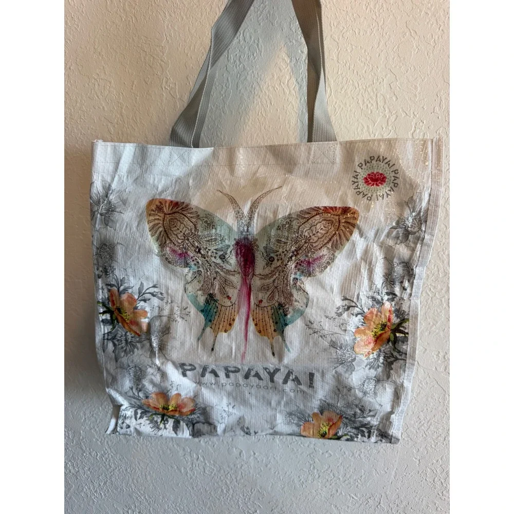 Papaya Art Butterfly Floral‎ Reusable Tote Bag Woven Shopper White Boho